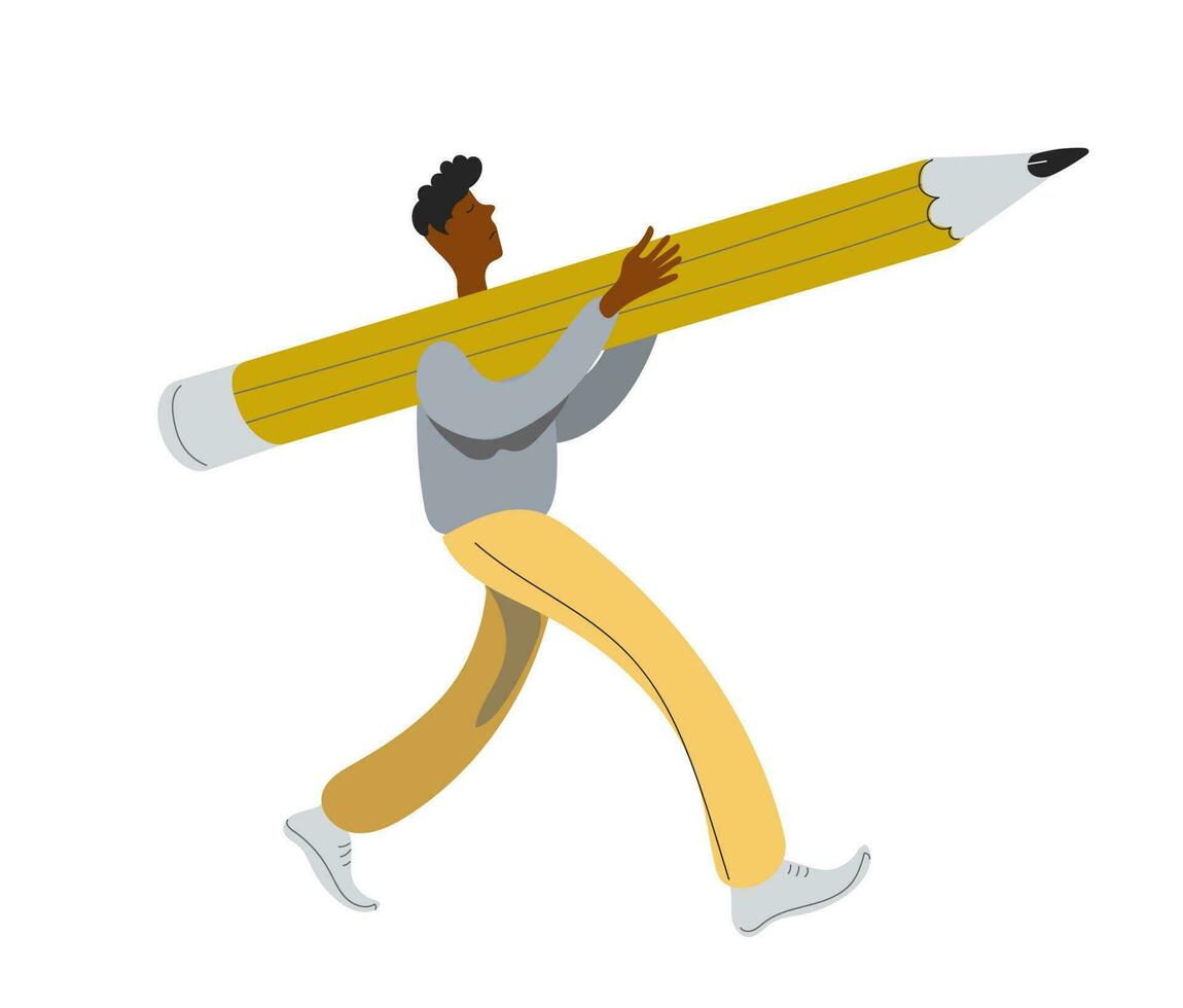 The student carries a large pencil on his shoulder. Flat design style minimal vector illustration.
