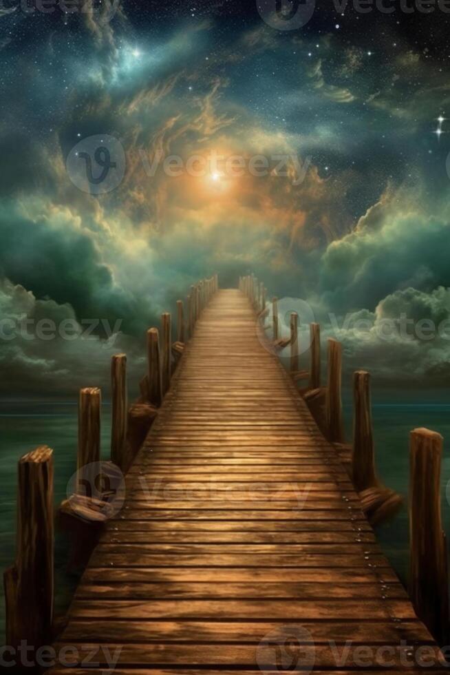 Boardwalk leading to the heaven, divine style, holy fantasy. photo
