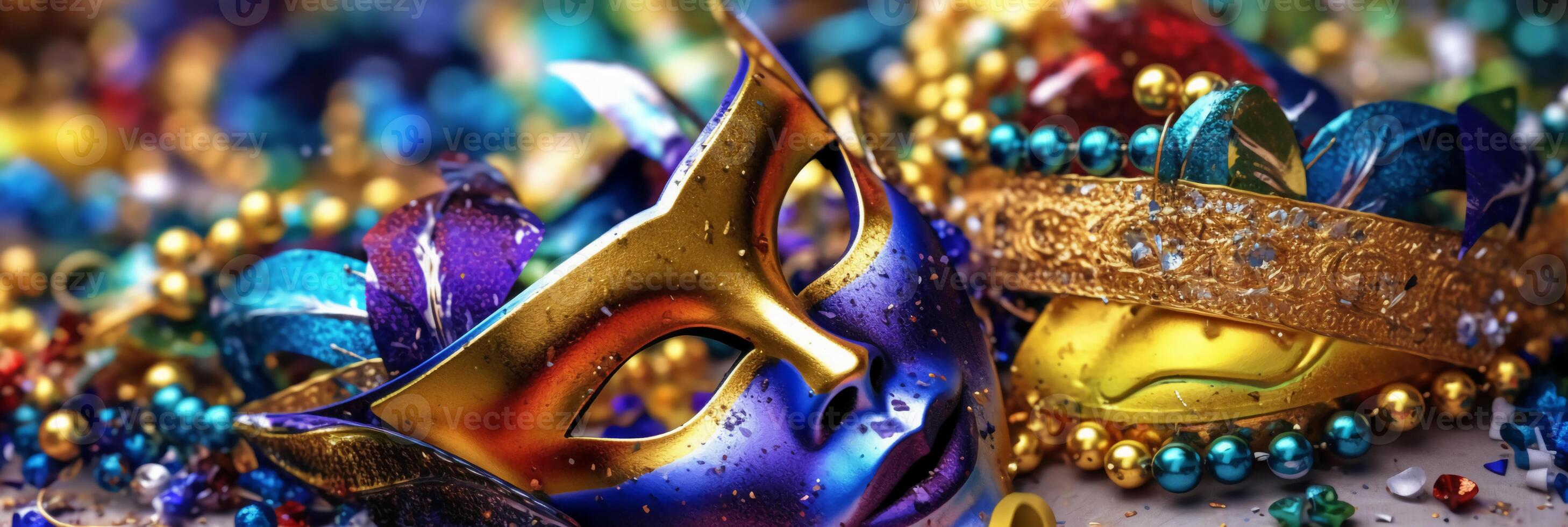 Venetian carnival mask and beads decoration. Mardi gras background. photo