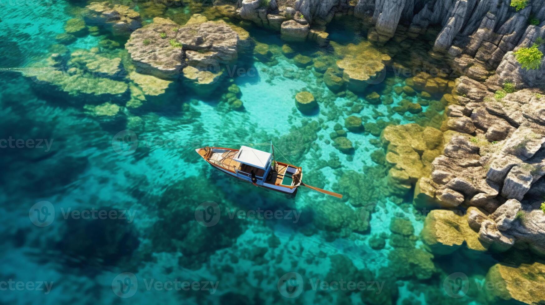 An aerial shot of a tropical island's lagoon, with shallow turquoise waters and coral formations creating intricate patterns beneath the surface. photo