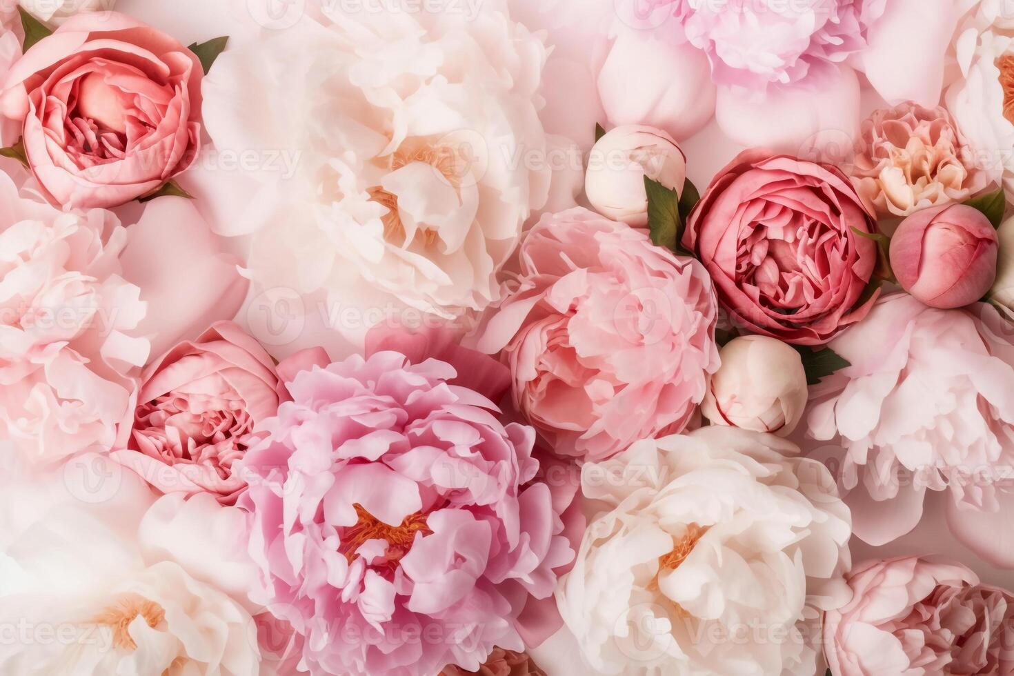 Peonies, roses on white background with copy space. Abstract natural floral frame layout with text space. Romantic feminine composition. Wedding invitation. photo