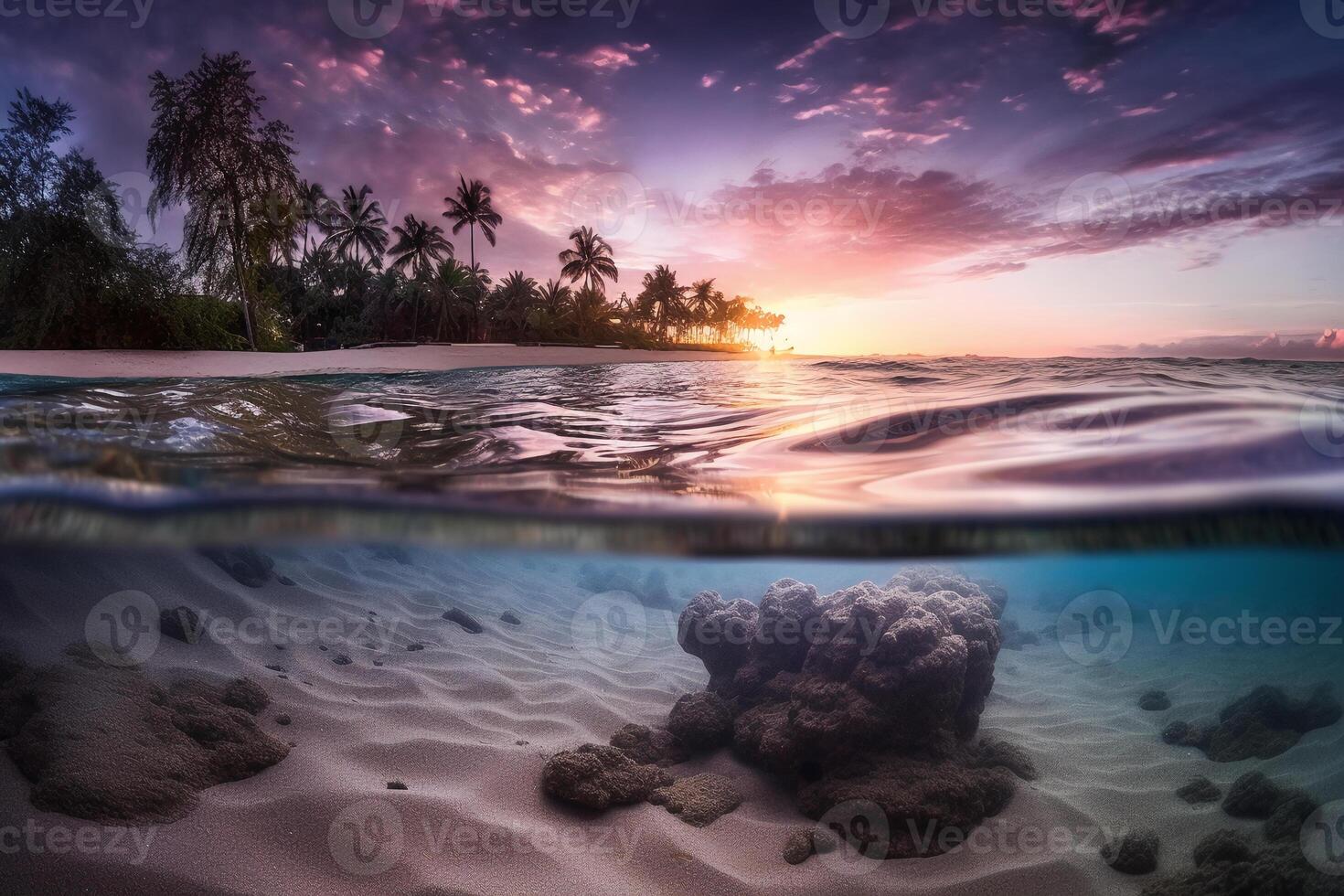 Photograph of beautiful inviting beach scene with purple sunset sky. photo