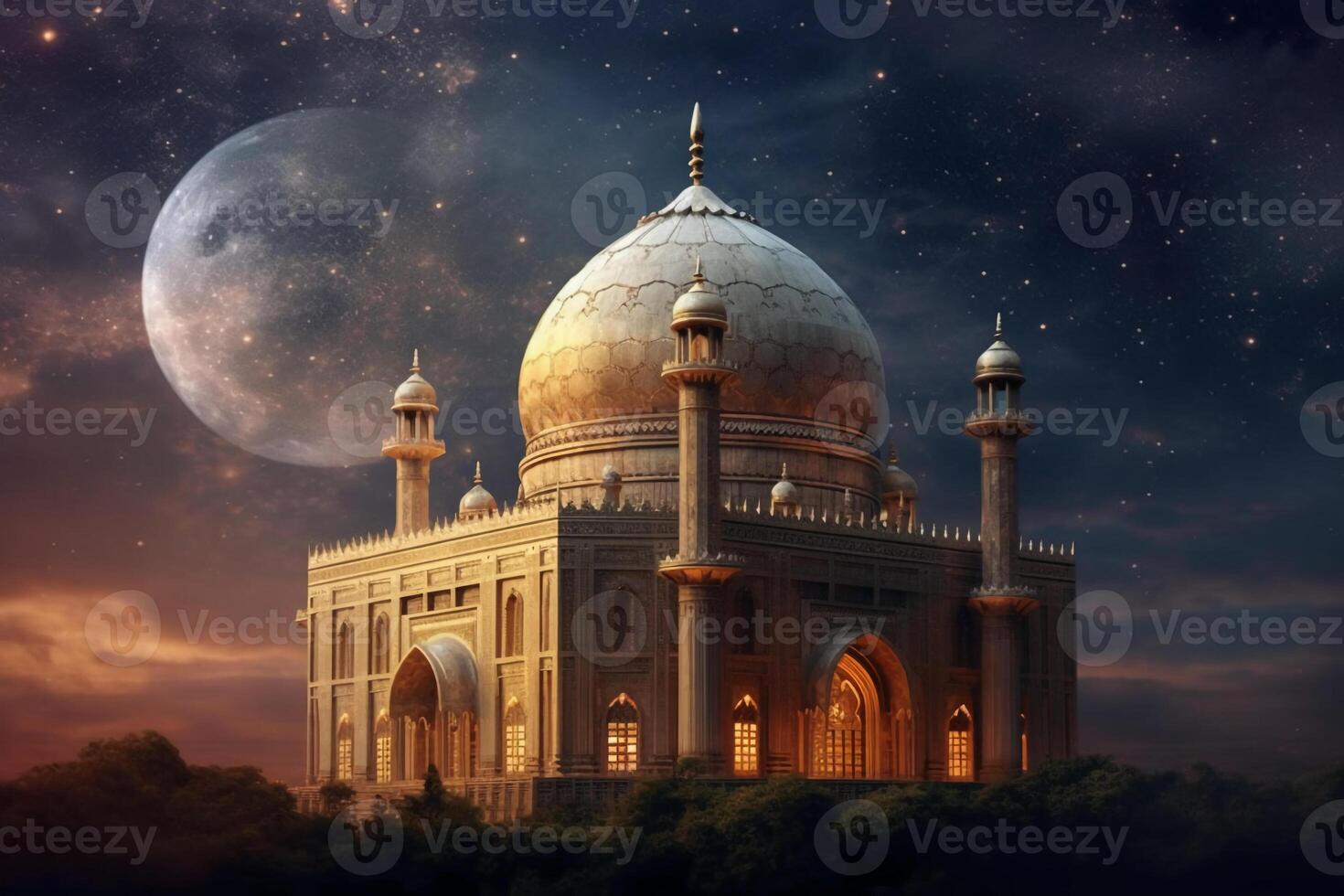 The mosque, Kareem lantern, Blurred star in night sky background, Eid al adha concept. photo