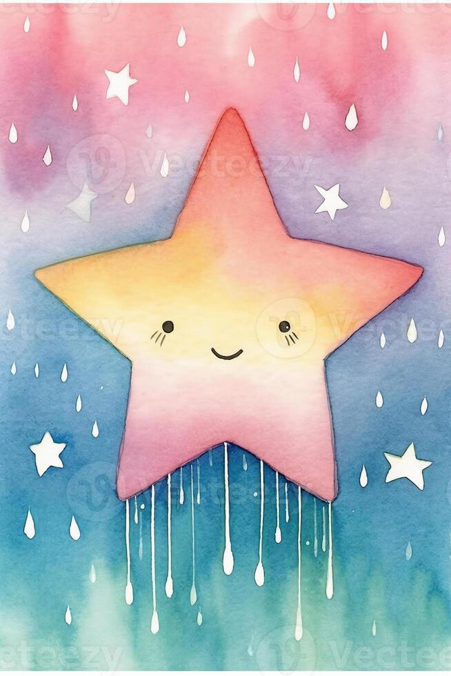 A watercolor painting of a rainbow and stars print. photo