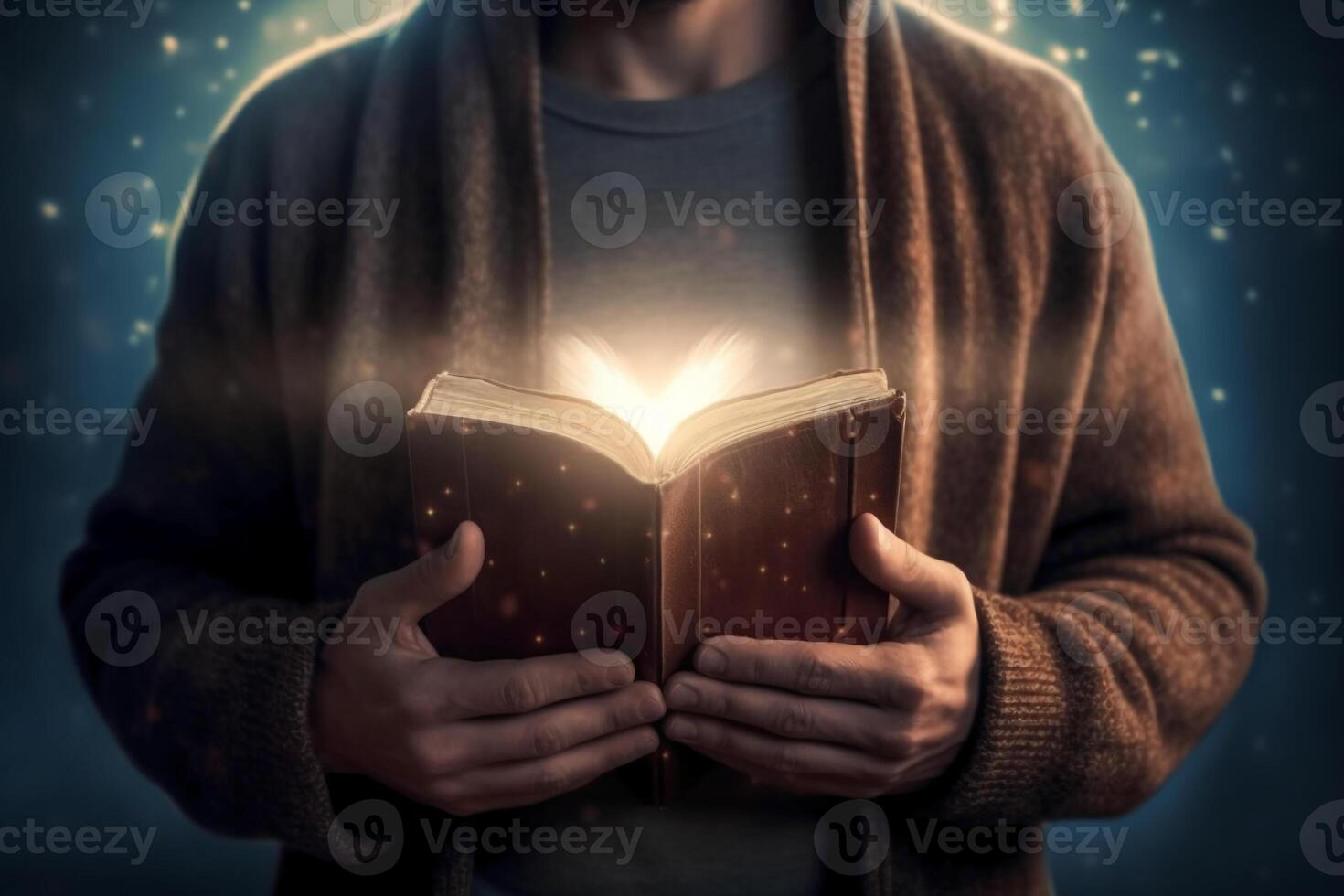 Man is holding and hugging the bible on his chest with atmosphere light. photo