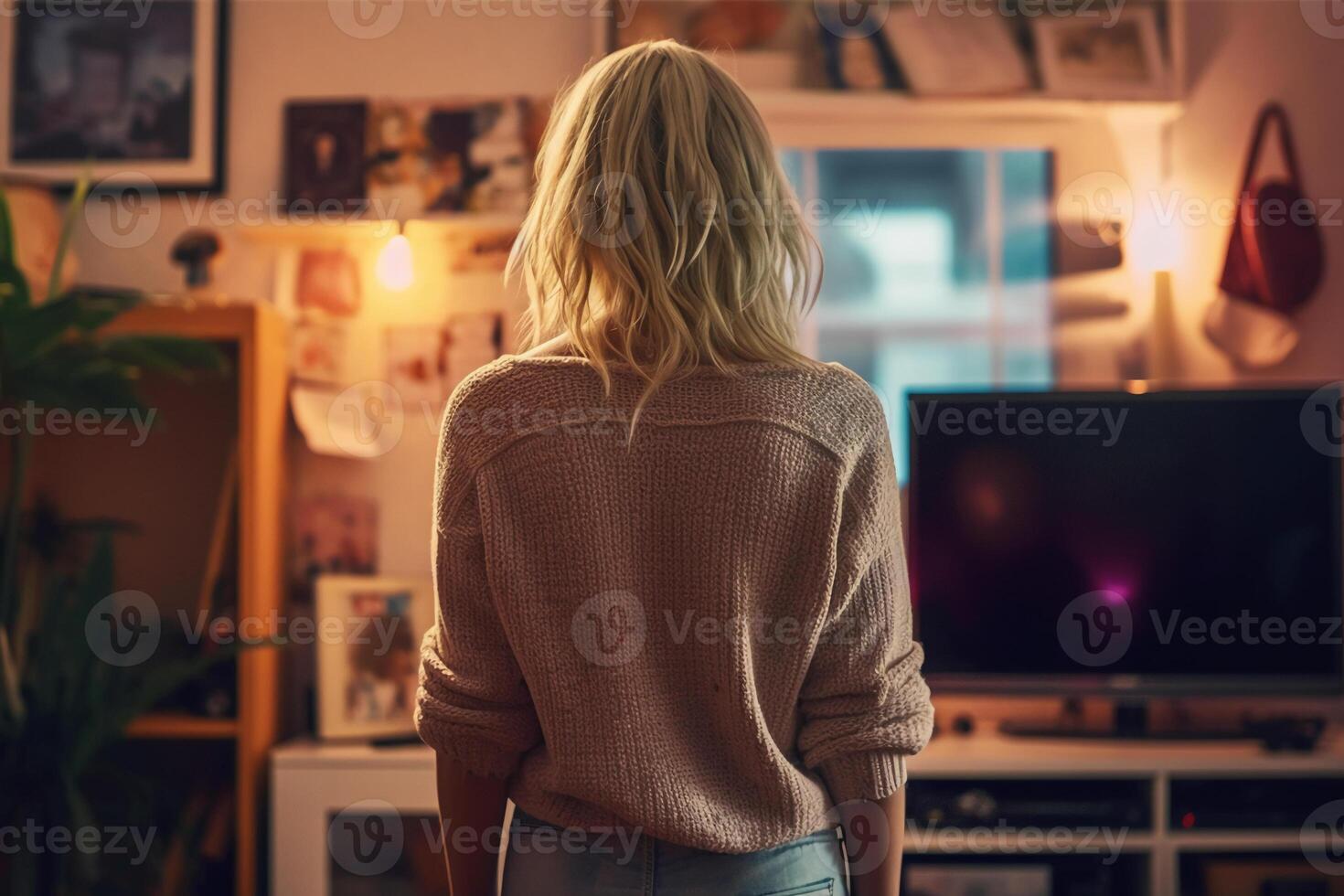 sad blonde woman back view in her room standing. photo