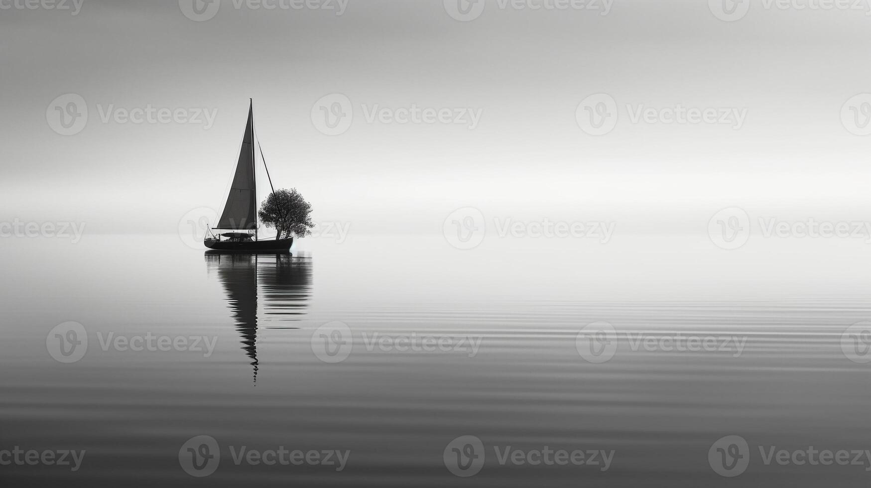 white image of a lone sailboat on a calm sea, photo