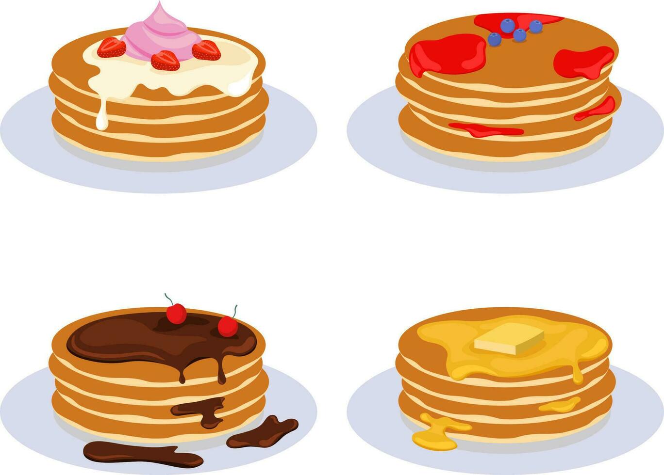 Pancakes For Breakfast. Tasty Food Collection With Chocolate, Berries. Vector Flat Illustration