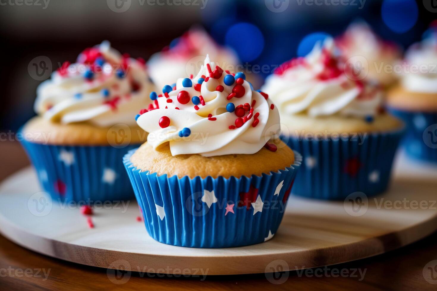 Close up of cup cakes decorated in red white and blue for 4th July celebration. photo