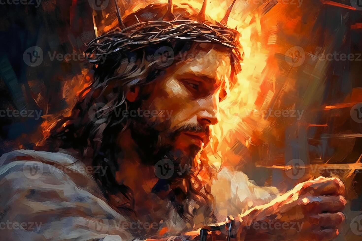 Jesus with a crown of thorns surrounded by glowing light Palette knife drawing. photo