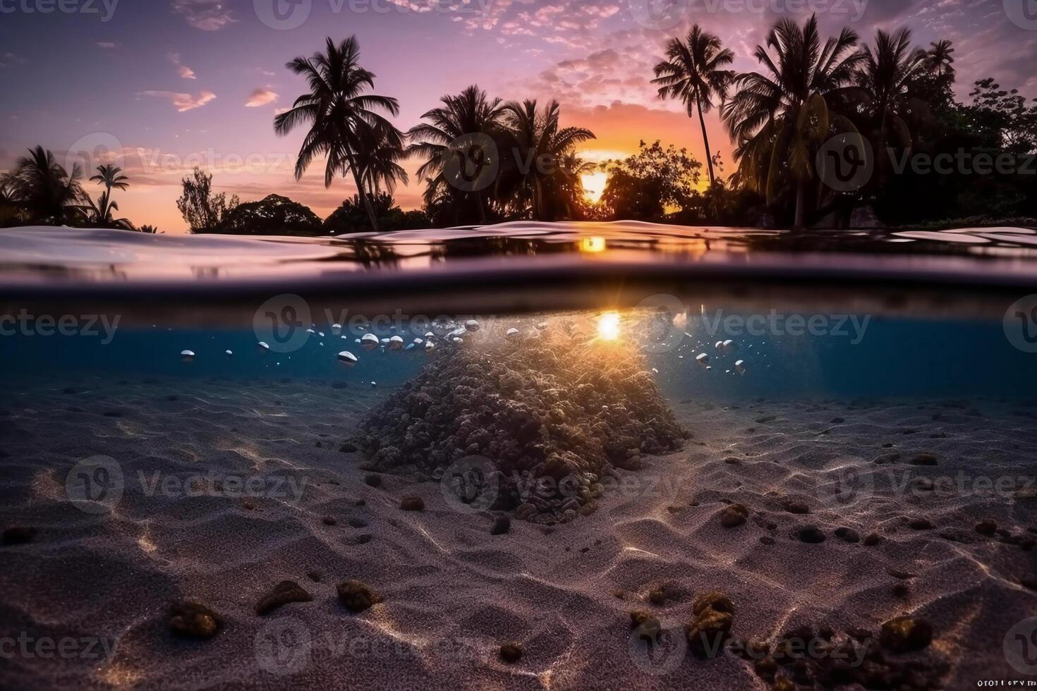Photograph of beautiful inviting beach scene with purple sunset sky. photo