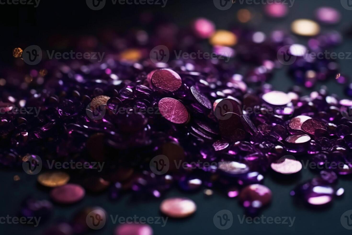 Sparkling Glitter abstract background dark purple saturated color, de - focused, macro. Sequins fall and sparkle, round bokeh. photo