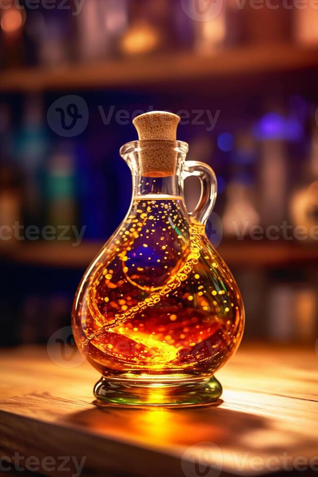 Glowing galaxy in a glass bottle. photo