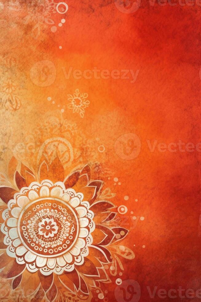 orange Pantone color background paper texture Rangoli pattern painting. photo