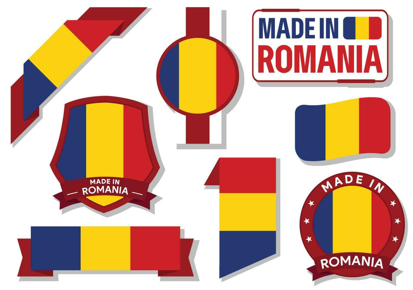 Collection of made in Romania badges labels Romania flags in ribbon vector illustration