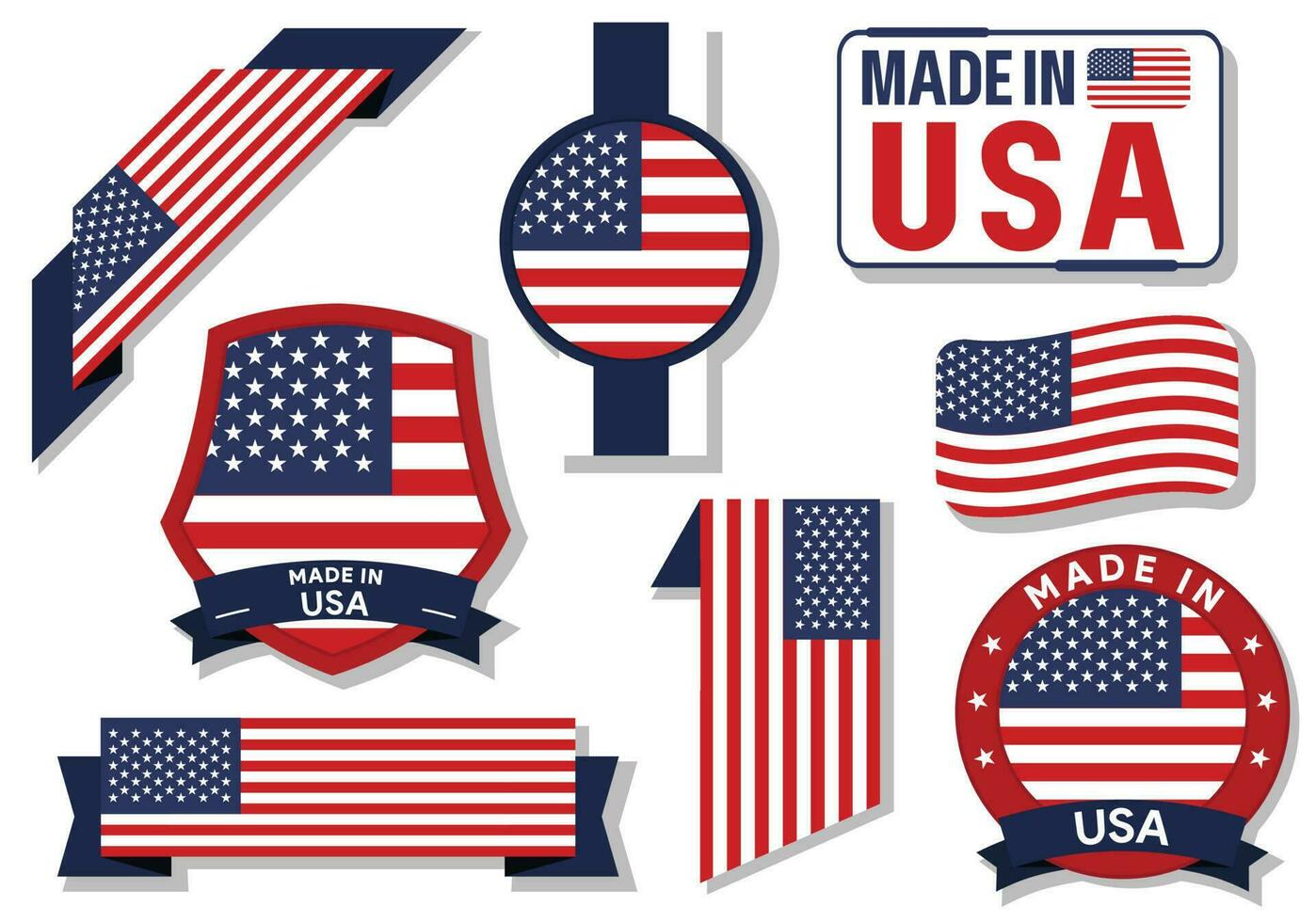 Collection of made in Usa badges labels Usa flags in ribbon vector illustration