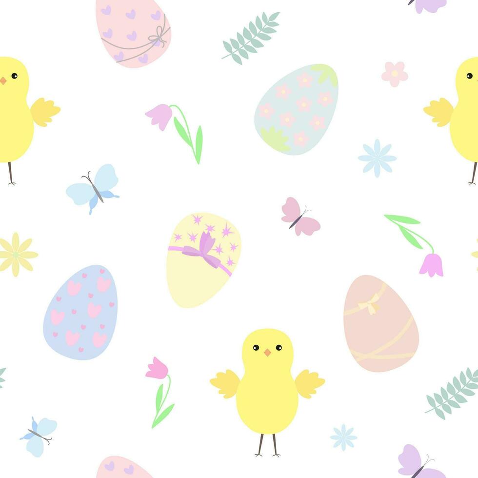 Easter holiday symbol colorful decorated eggs in pastel tones, chicken, butterflies, flowers seamless pattern, flat style vector illustration for spring festive time decor, cards, gift paper