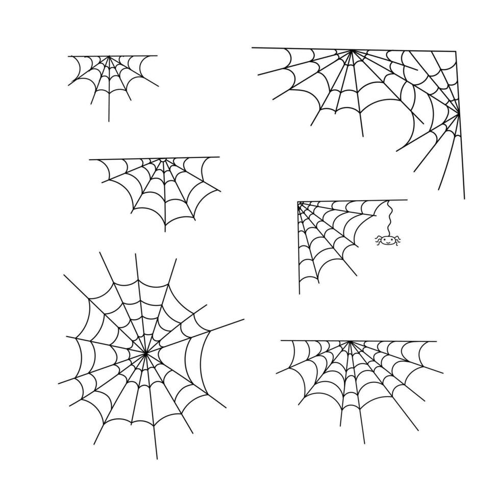 Spider web set vector outline illustration of simple fancy Halloween, isolated objects on the white background, clipart perfect for Halloween party decoration, hand drawn, cartoon spooky character