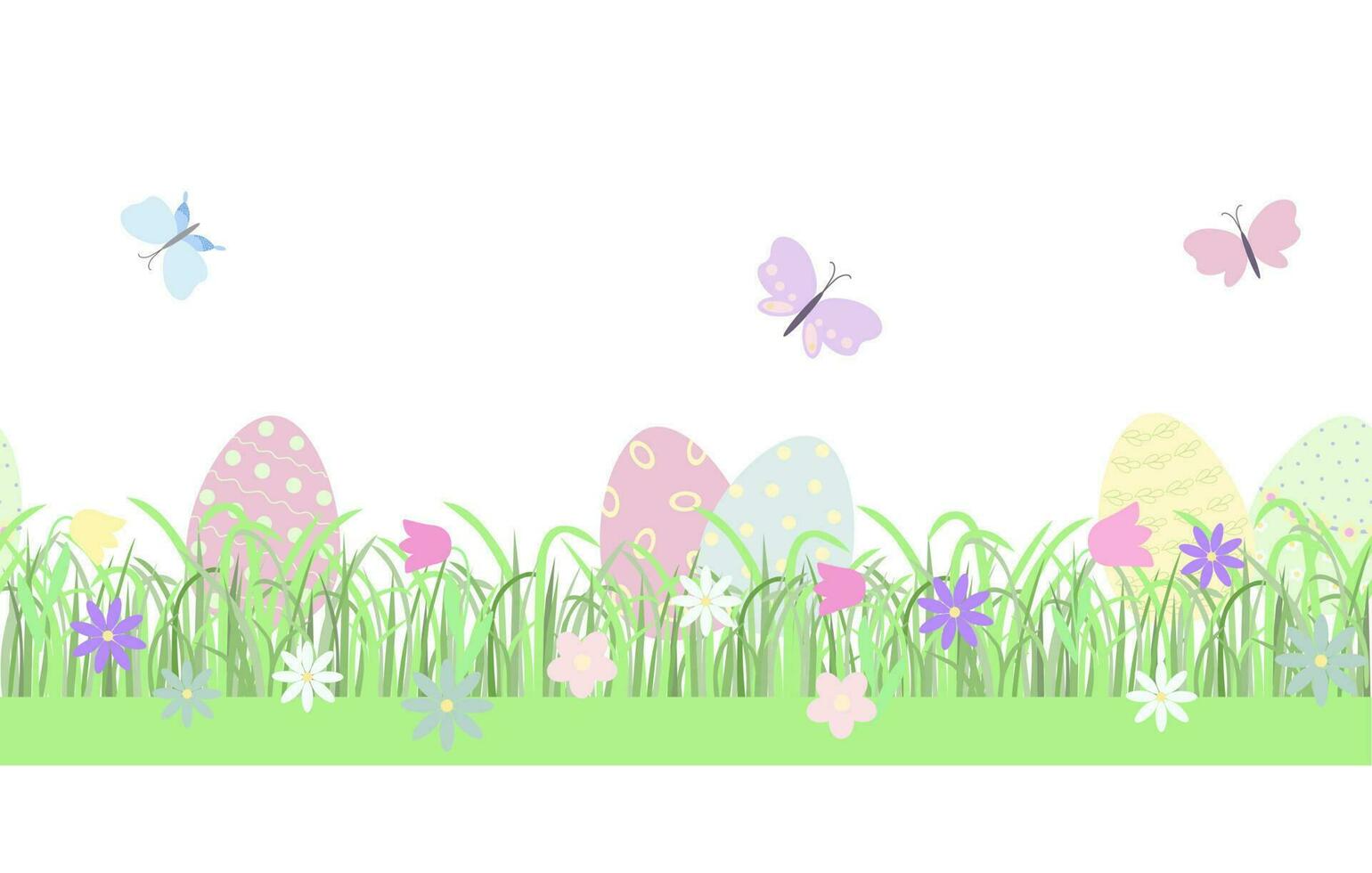 Easter floral composition eggs, butterflies, early spring grass with cute flowers seamless horizontal border, flat style vector illustration spring festive decor, cards, poster, banners, web design