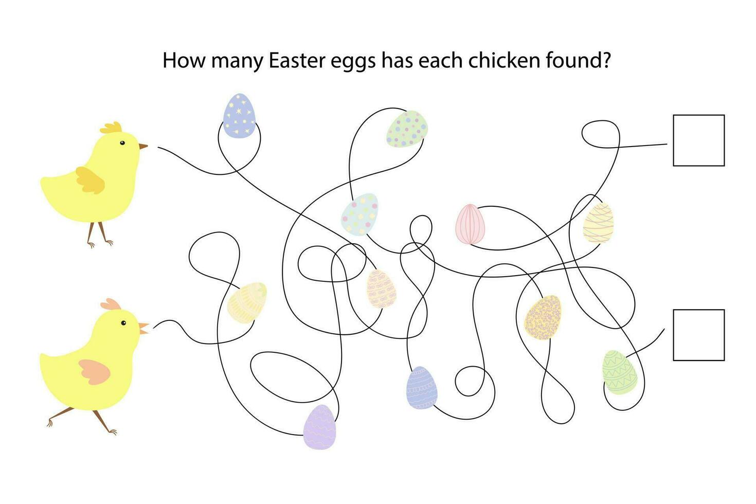 Easter eggs, chickens educational game, puzzle, simple labyrinth, nursery school spring holiday activity, how many eggs has each chicken found maze game vector