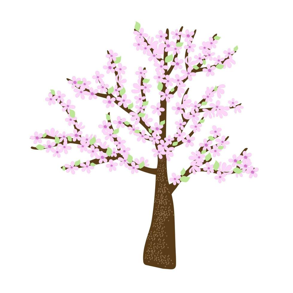 Cherry blossom tree with delicate light pink flower branches in simple flat style, vector illustration for Welcome spring concept, greeting cards, banners, invitations