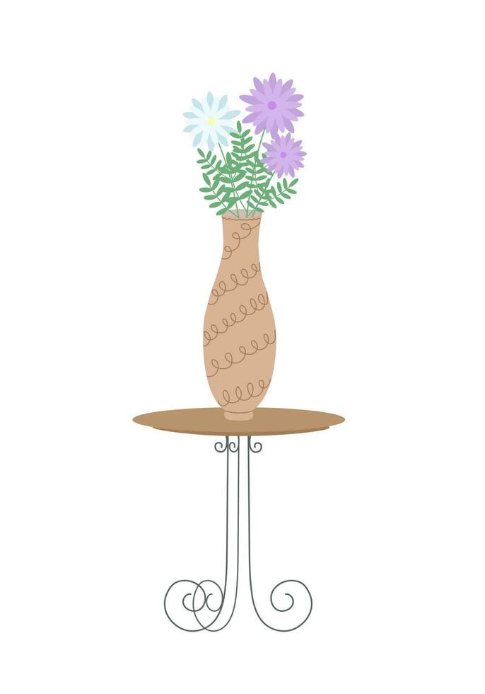 Flowers in beige porcelain vase on the table simple flat style vector illustration, cozy home concept for romantic greeting card, invitation