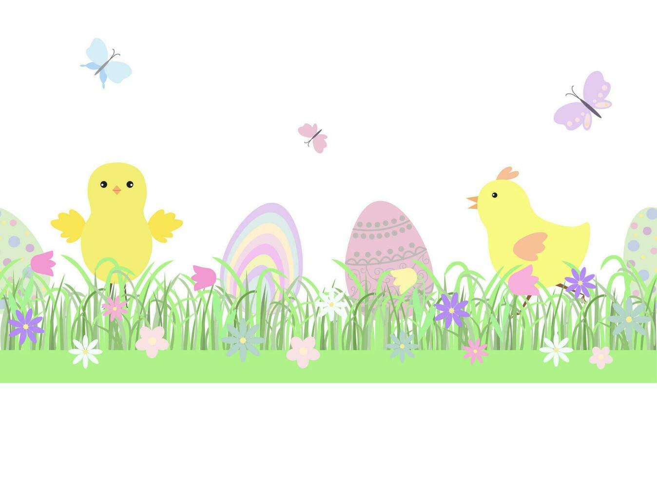 Easter floral composition chickens, butterflies, eggs early spring grass with cute flowers seamless horizontal border, flat style vector illustration spring festive decor, cards, poster, banners