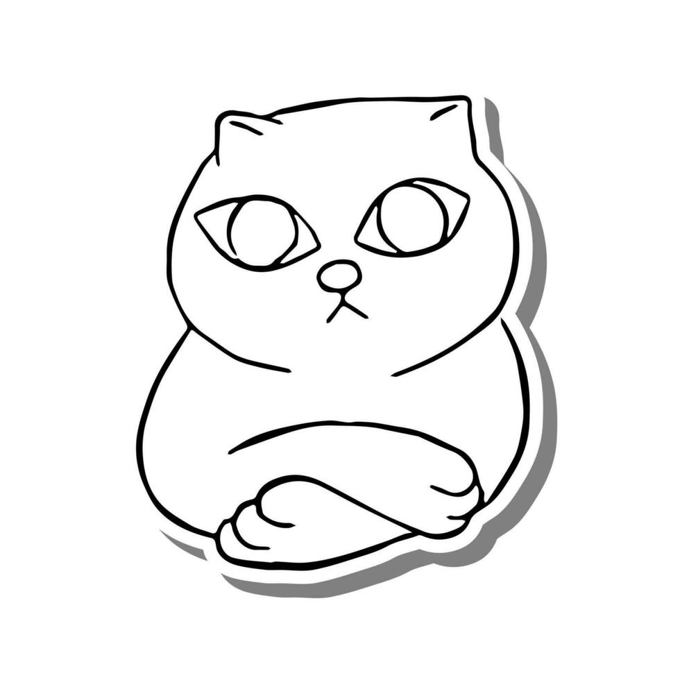 Black line a cat with arms folded on white silhouette and gray shadow. Hand drawn cartoon style. Doodle for coloring, decoration or any design. Vector illustration of kid art.