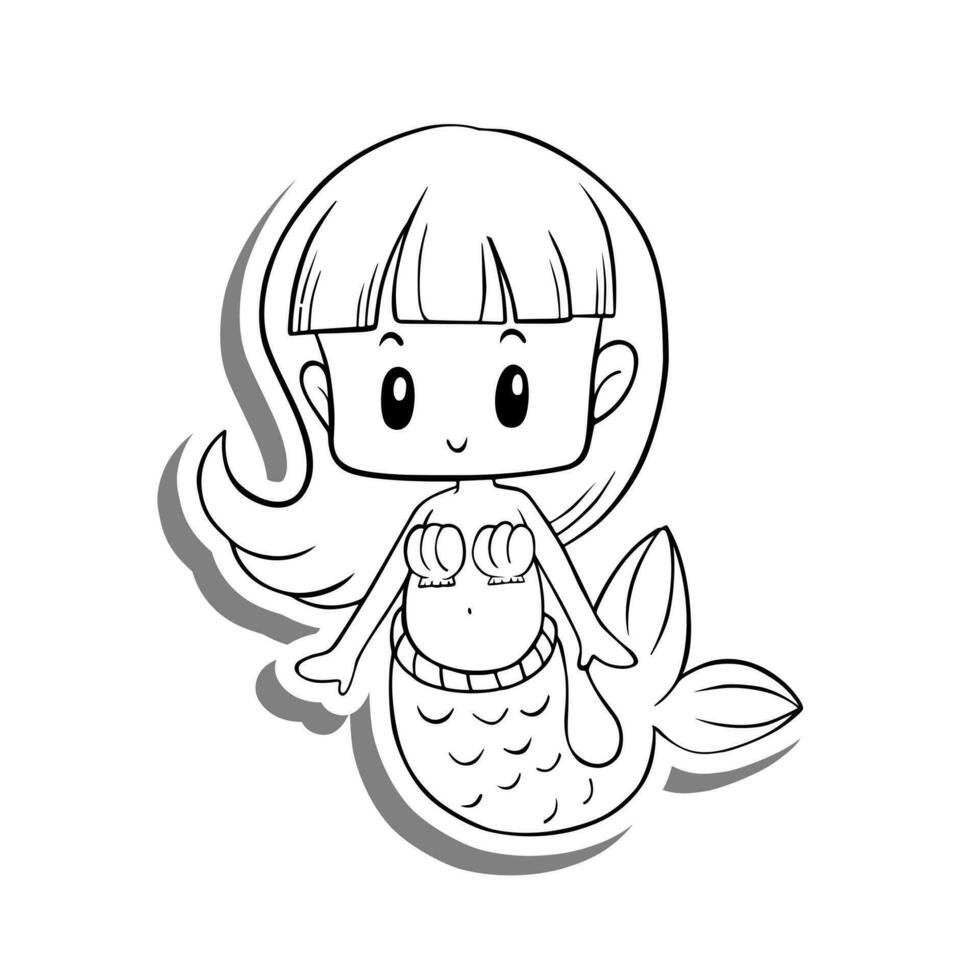 Black line cute cartoon Mermaid Girl. Doodle on white silhouette and gray shadow. Vector illustration for decorate, coloring and any design.