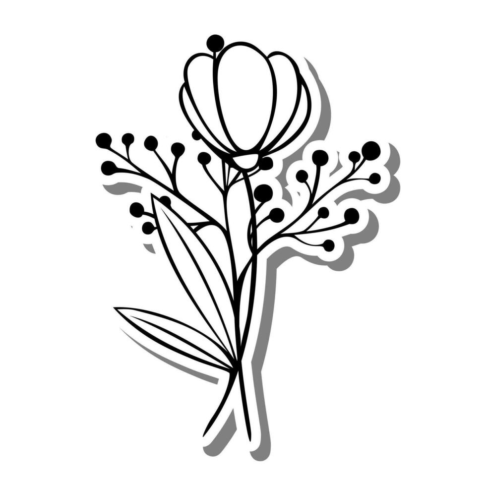 Little Bouquet Line Art. Flower, Leaves and Pollen on white silhouette and gray shadow. Vector illustration for decoration or any design.