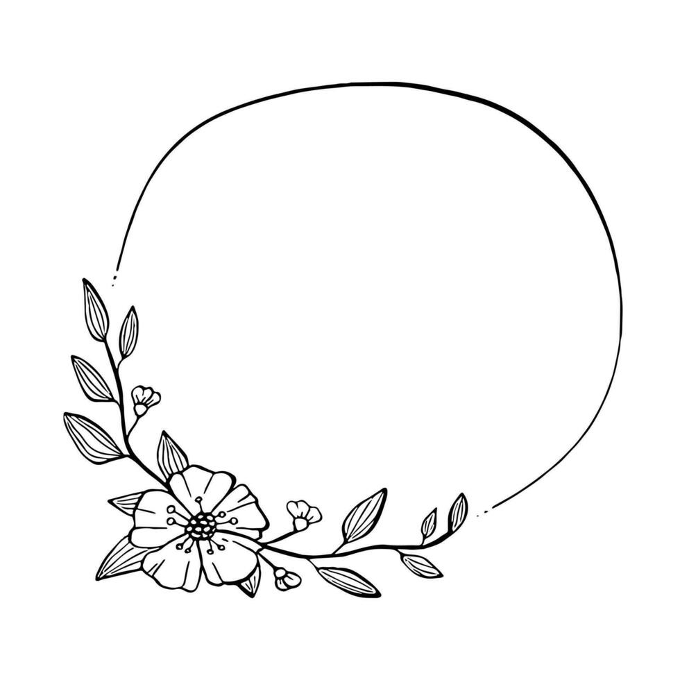 Doodle black line leaves and flower in circle. Vector illustration for decorate logo, text, wedding, greeting cards and any design.
