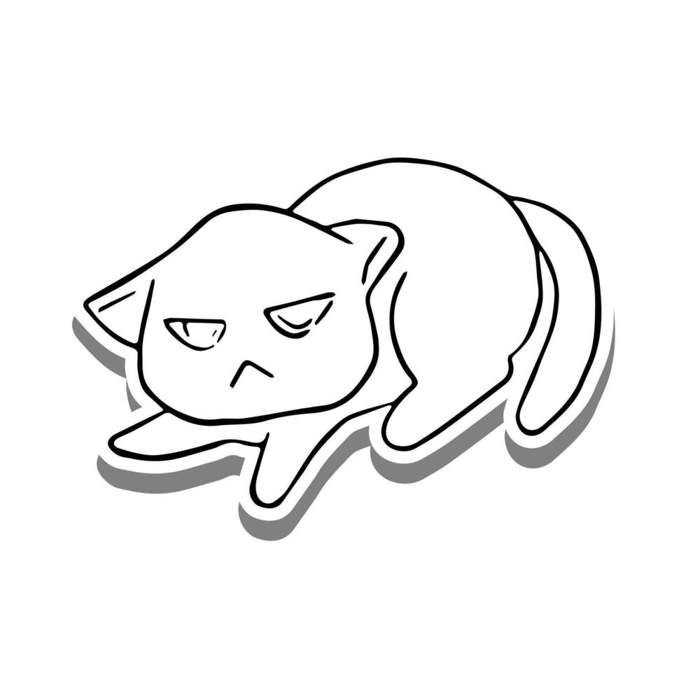 Black line a crouching cat on white silhouette and gray shadow. Hand drawn cartoon style. Doodle for coloring, decoration or any design. Vector illustration of kid art.