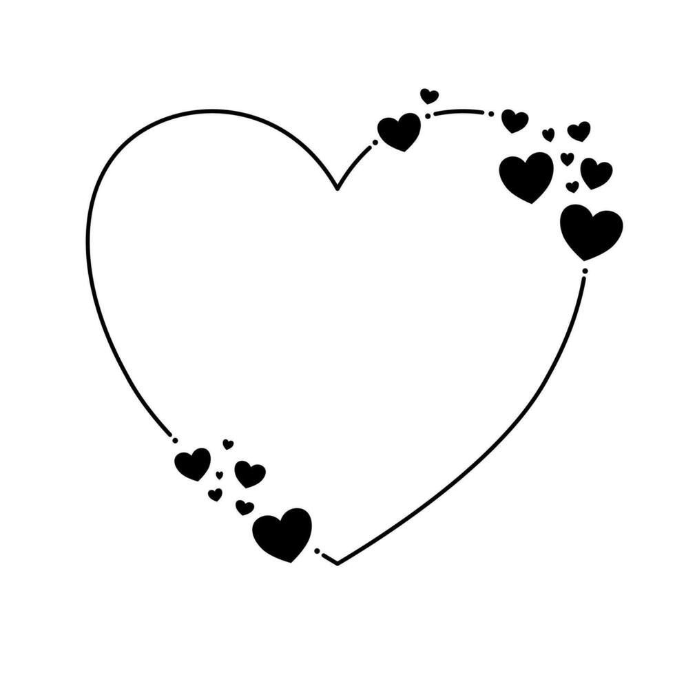 Black line heart shape frame decorated with small hearts on white