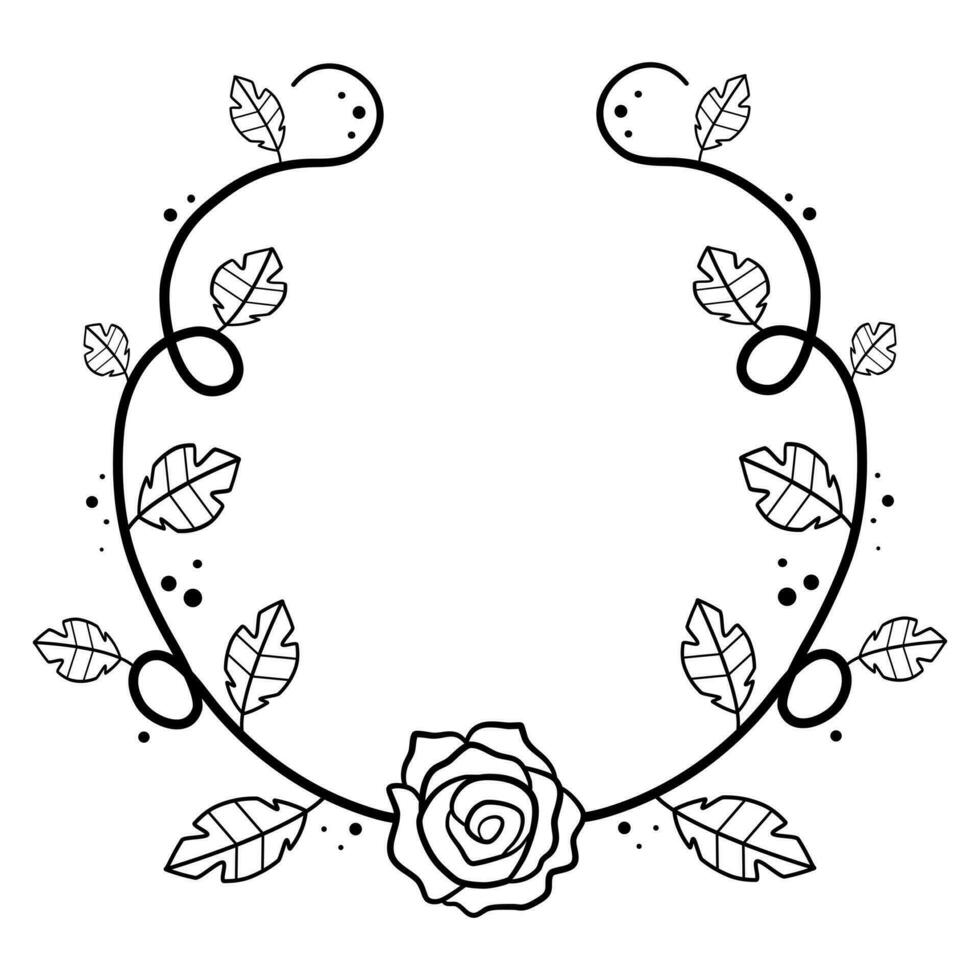 Doodle black line rose and leaves with curling twigs on white background. Vector illustration for decorate logo, text, wedding, greeting cards and any design.