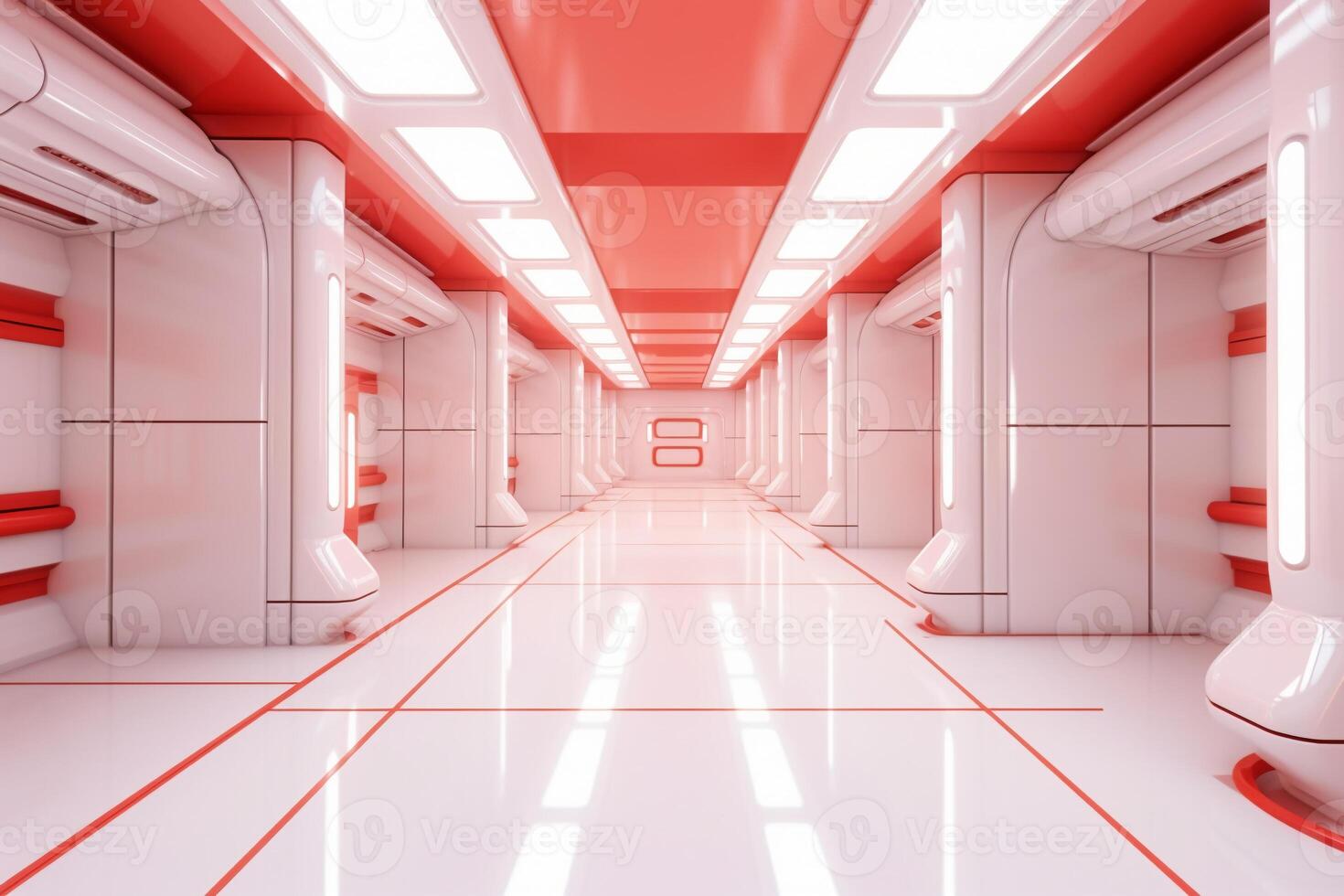 Futuristic background science fiction interior white wall and red light architecture corridor,. photo