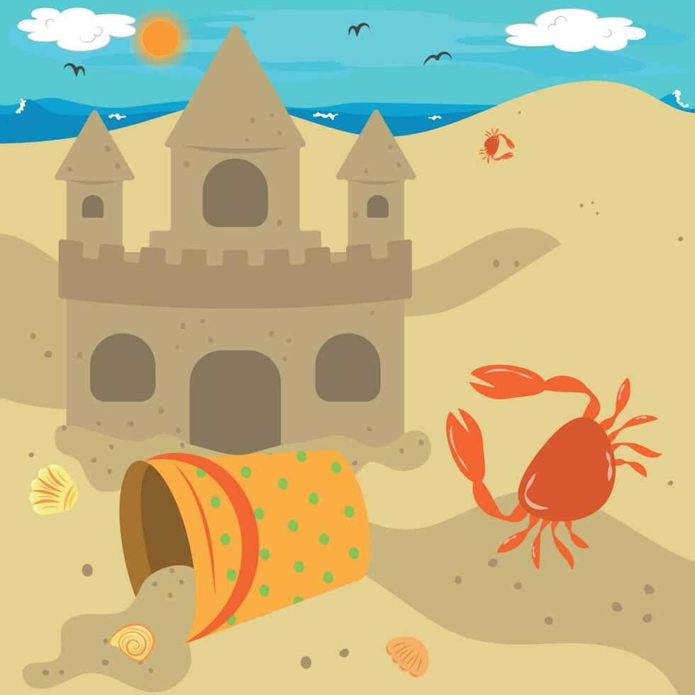 Crab on the sandy shore near the sand castle vector