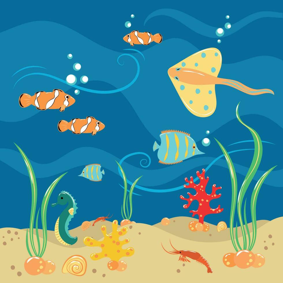 Illustration with marine animals and fish in the sea vector