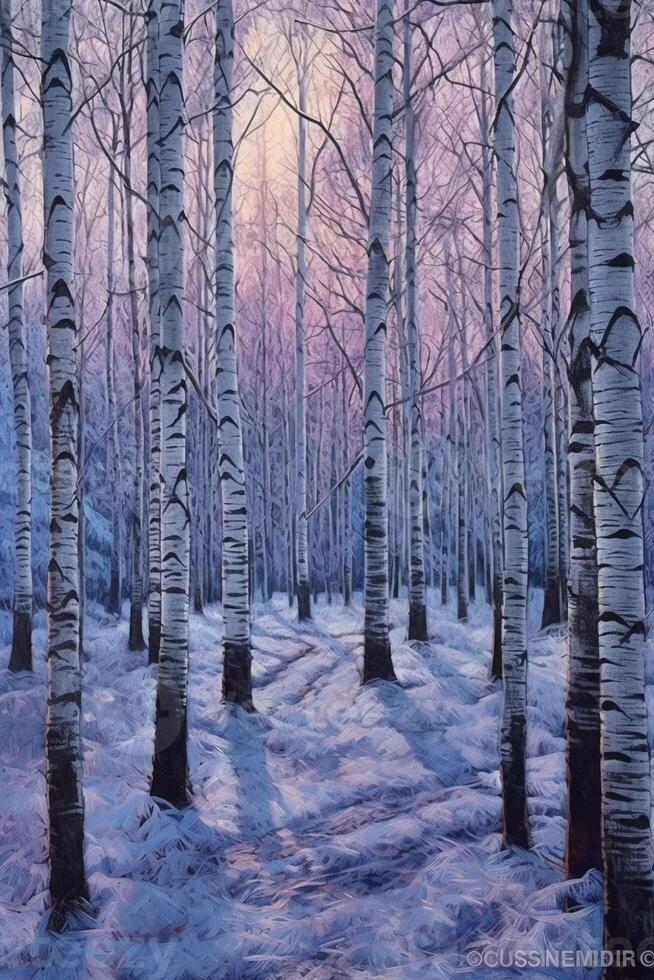 Birch trees in winter fine art print in the style. photo