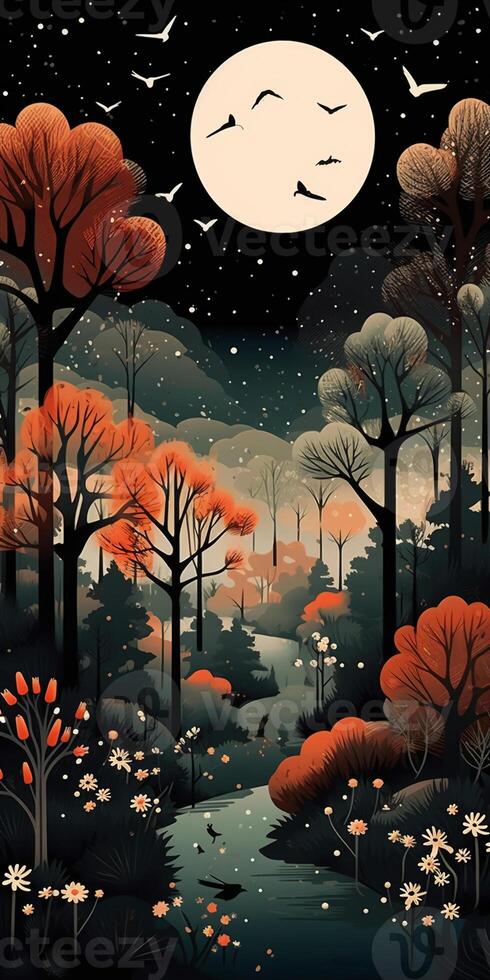 Night forest pattern, minimal, graphic poster design. photo