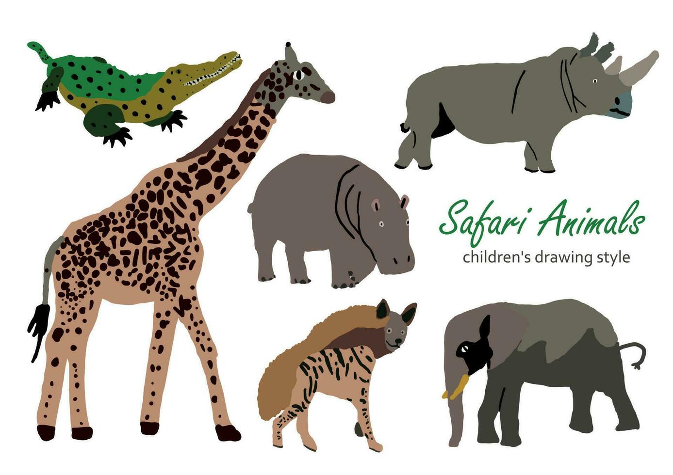 Vector illustration of cute wild safari African animals. Including giraffe, elephant, hyena, crocodile, hippo, rhinoceros Funny cartoon doodle characters in scandinavian style. Kids