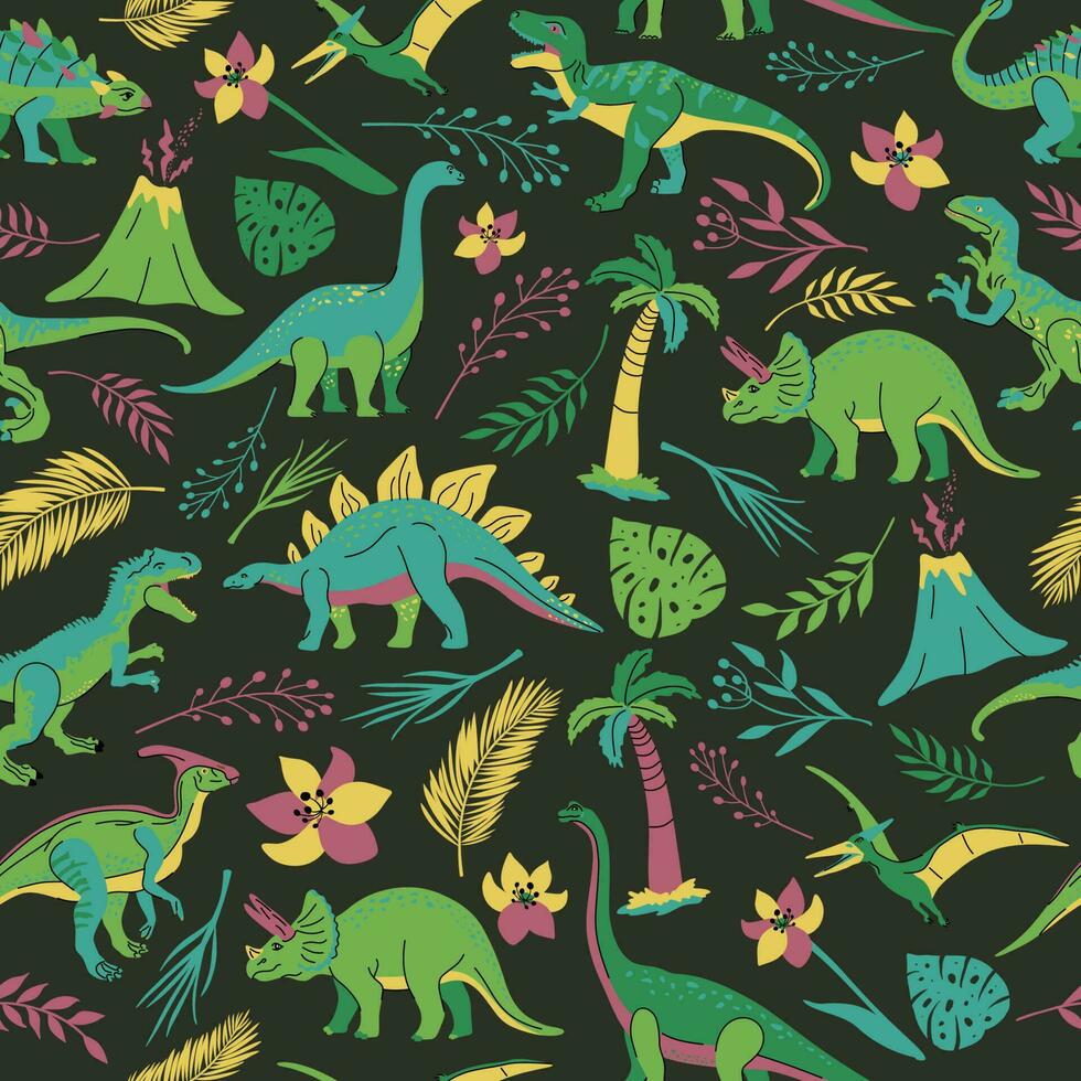 Seamless pattern with bright dinosaurs and green plants including T-rex, Brontosaurus, Triceratops, Velociraptor, Pteranodon, Allosaurus, etc. Isolated on dark background vector
