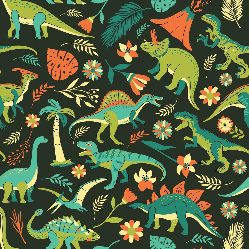 Seamless pattern with bright dinosaurs and green plants including T-rex, Brontosaurus, Triceratops, Velociraptor, Pteranodon, Allosaurus, etc. Isolated on dark background vector