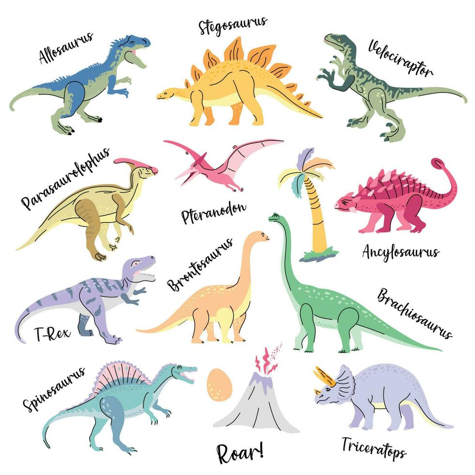 conjunto de linda brillante dinosaurios incluso tirano saurio Rex, brontosaurio, triceratops, velociraptor, pteranodón, alosaurio, etc. aislado en blanco tendencia ilustración para niño vector