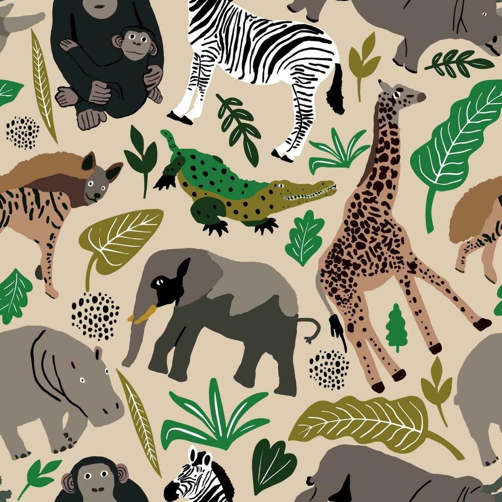 Seamless pattern illustration of cute wild safari African animals. Including giraffe, elephant, hyena, crocodile, hippo, rhinoceros zebrd cartoon doodle characters in scandinavian style. Kids vector