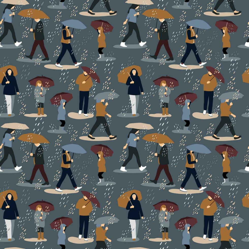Vector illustration of people in the rain. Autumn mood. Trendy retro style on blue. Seamless fall pattern.