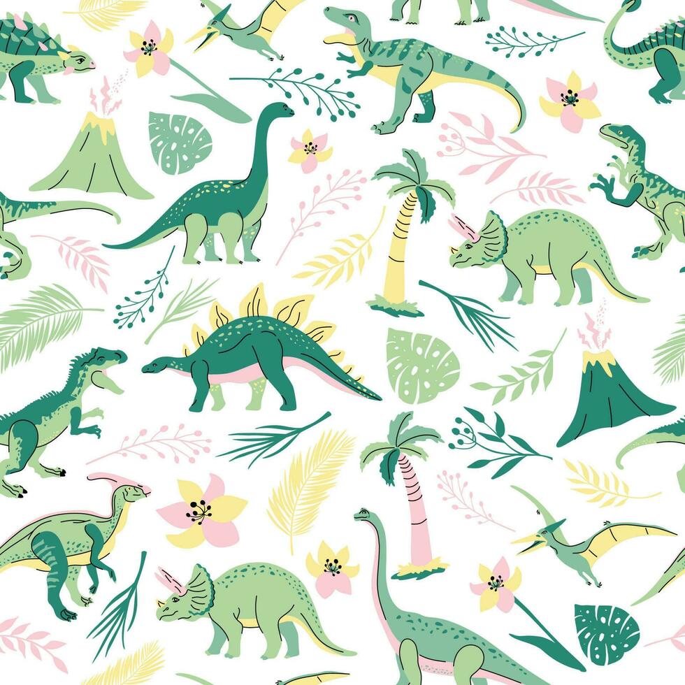 Seamless pattern with bright dinosaurs and green plants including T-rex, Brontosaurus, Triceratops, Velociraptor, Pteranodon, Allosaurus, etc. Isolated on white vector