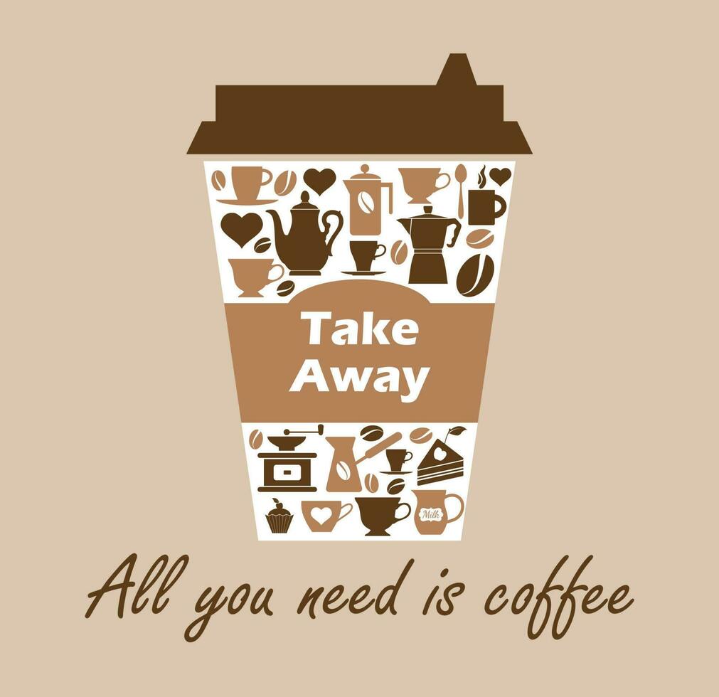 vector ilustración café taza icono en biege antecedentes. café taza logo con íconos tomar lejos Cuo de café