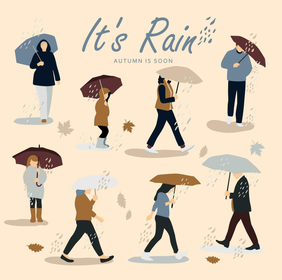 Vector illustration of people in the rain. Autumn mood. Trendy retro style on beige fall illustration with character.