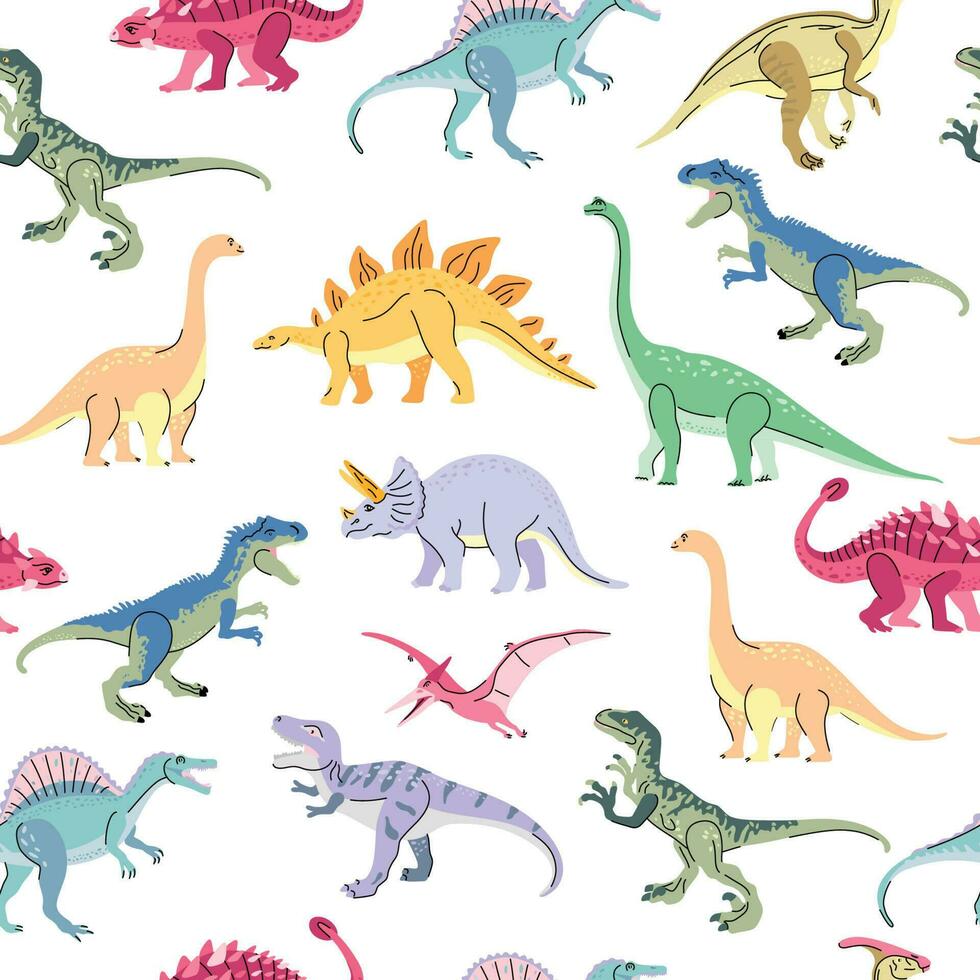 Seamless pattern with bright dinosaurs including T-rex, Brontosaurus, Triceratops, Velociraptor, Pteranodon, Allosaurus, etc. Isolated on white Trend illustration for kid vector