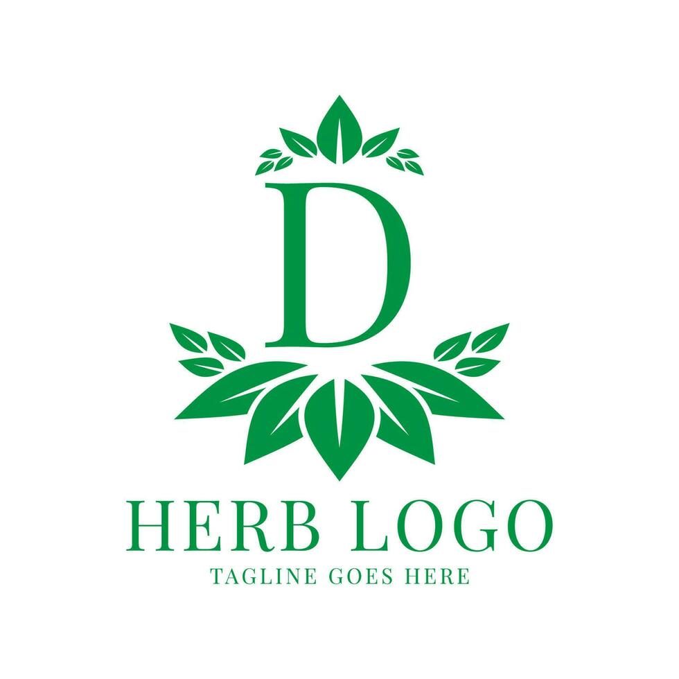 letter D herbal leaves initial vector logo design